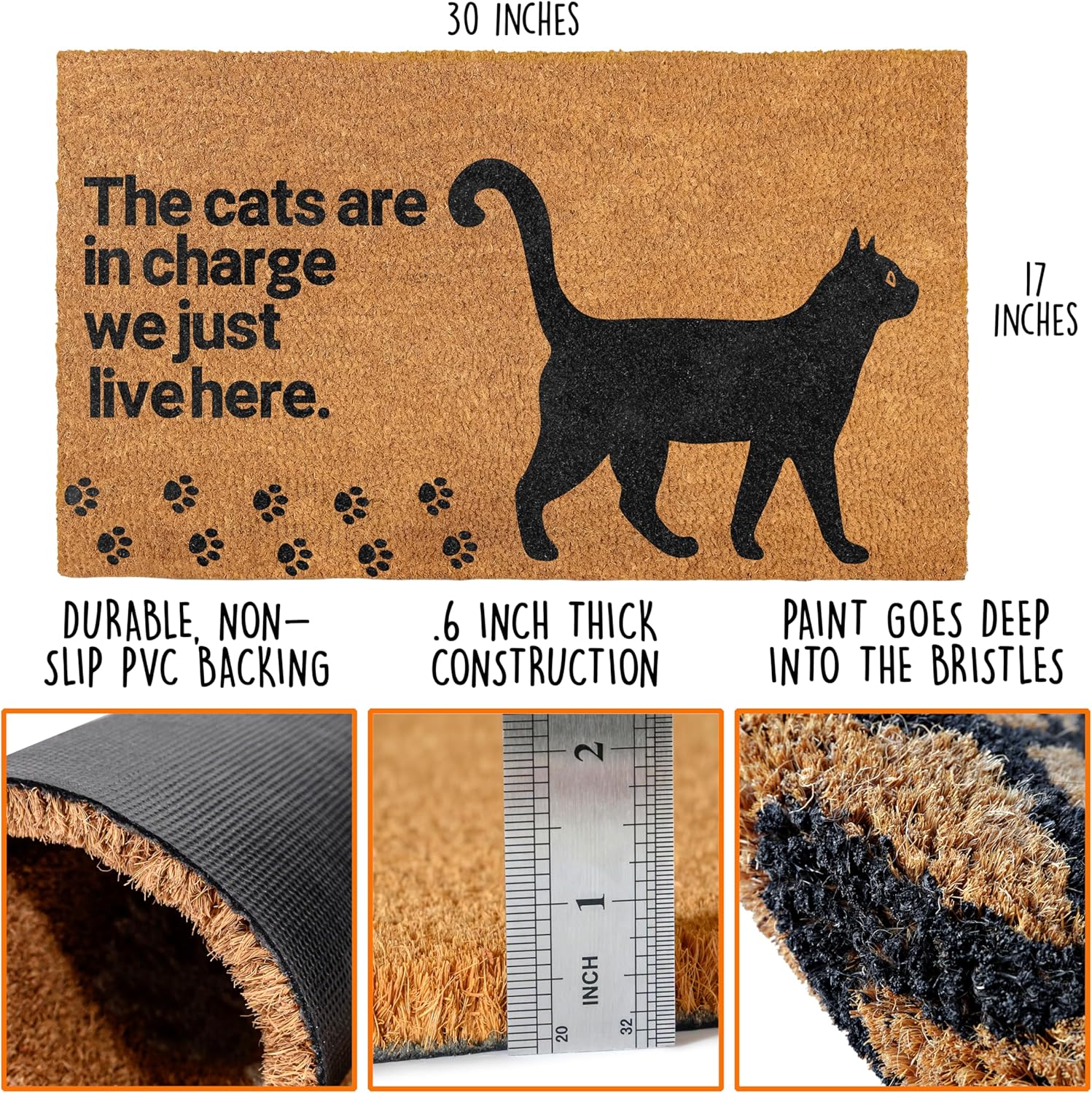MAINEVENT The Cats are in Charge Cat Doormat 30x17 Inch, Funny Door Mat for Covered Outside Area, Cat Themed Decor Funny Welcome Mat w/Non-Slip Backing