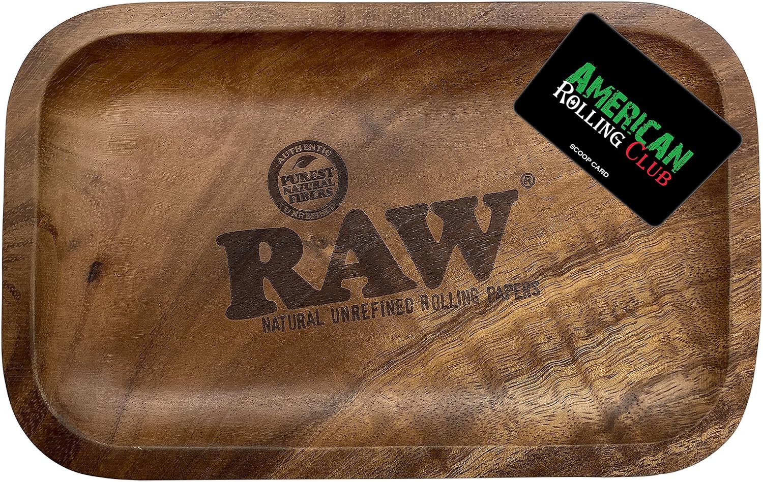 RAW Wood Rolling Tray (Size Small 11x 7x 1") Durable RAW Wooden Tray with Smooth Round Corners and American Rolling Club Scoop Card