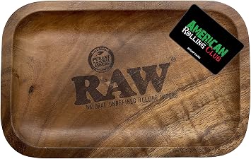 RAW Wood Rolling Tray Size Small 11x 7x 1" Durable RAW Wooden Tray with Smooth Round Corners and American Rolling Club Scoop Card