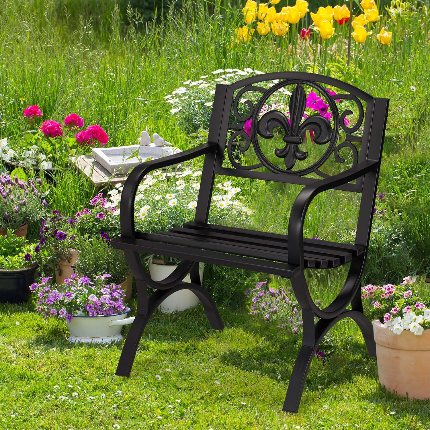 Relaxdays antique-looking garden chair, patio furniture, outdoor seating with armrests, wide seat, vintage design, black - Image 2