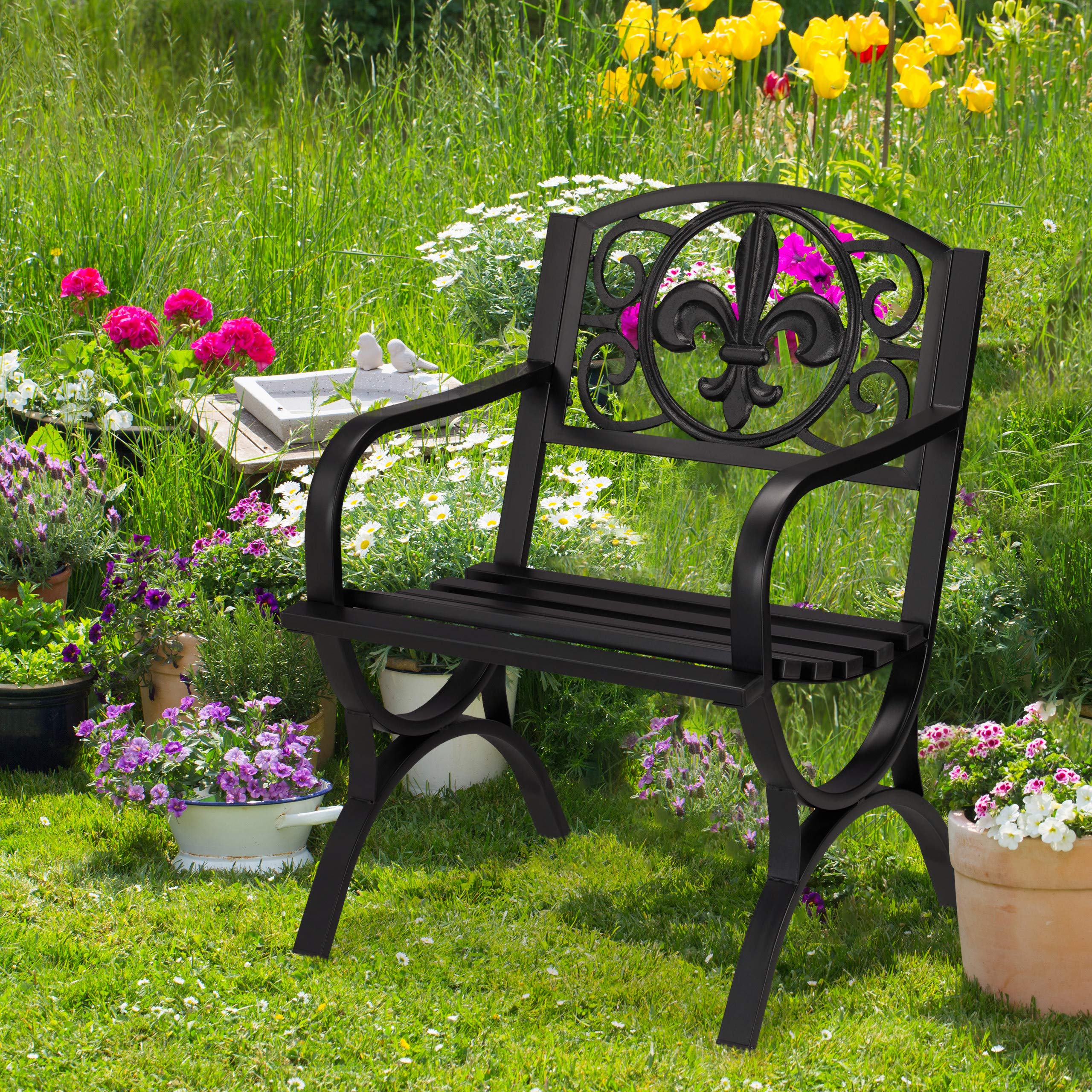 Relaxdays Silla Jardín Vintage, Asiento Balcón con Reposabrazos, Extra Ancha, Diseño Antiguo, 85,5 x 60 x 56 cm, Negra