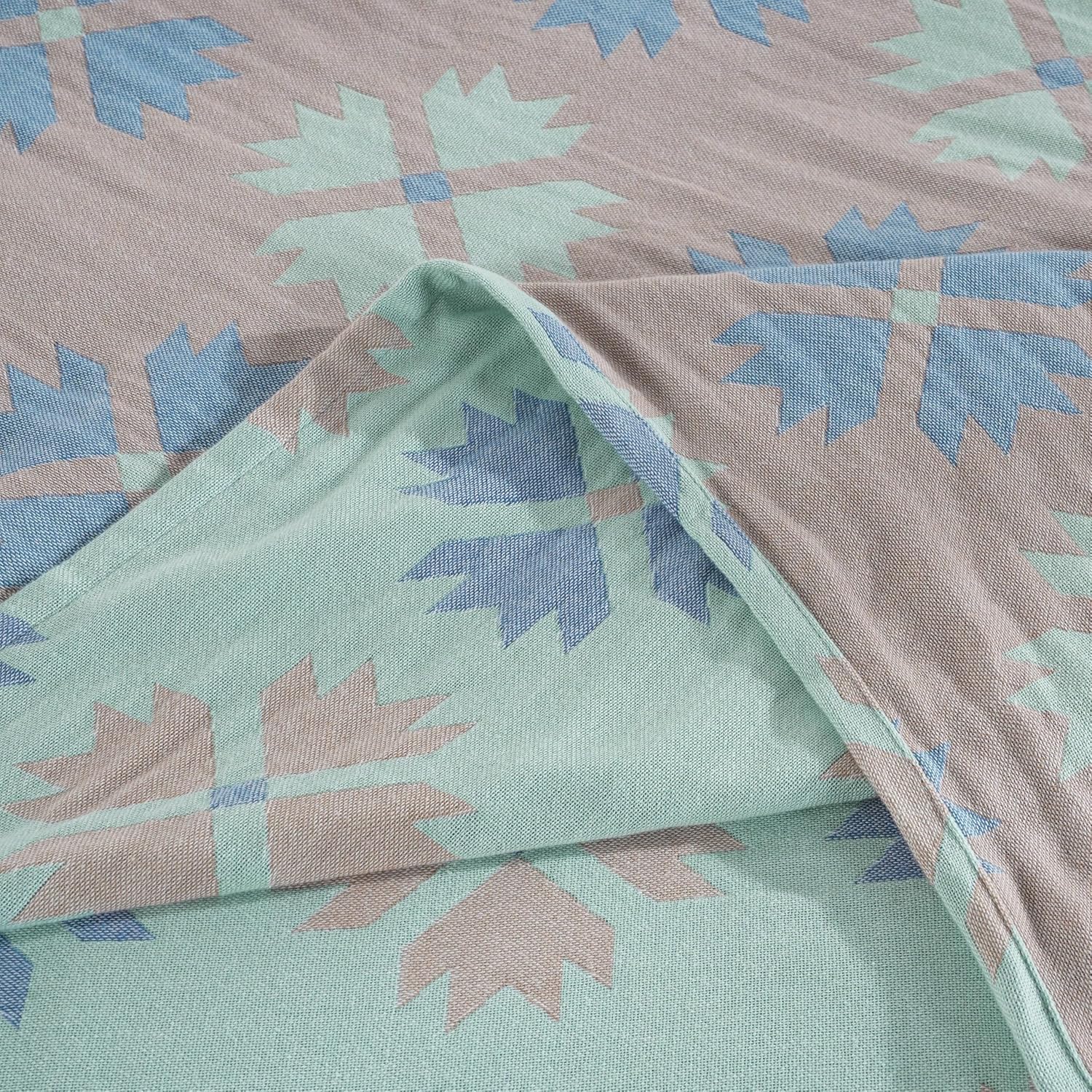 Chezmoi Collection 100% Cotton King Size Throw Blanket for Bed Sofa Couch, Boho Geometric Jacquard Woven Lightweight 4-Layer Reversible Cotton Thin Blanket, Multi-Color Mint Green Blue Taupe 106x94