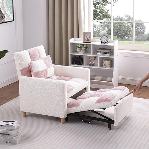 Sofá cama cama convertible 3 en 1, silla convertible multifuncional, tela de peluche suave para sala de estar, apartamento, oficina (blanco y rosa)