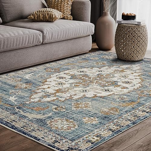Abani Alfombra tradicional azul y beige de 5 pies 3 pulgadas x 7 pies 6 pulgadas, colección Oporto, alfombras de estilo vintage