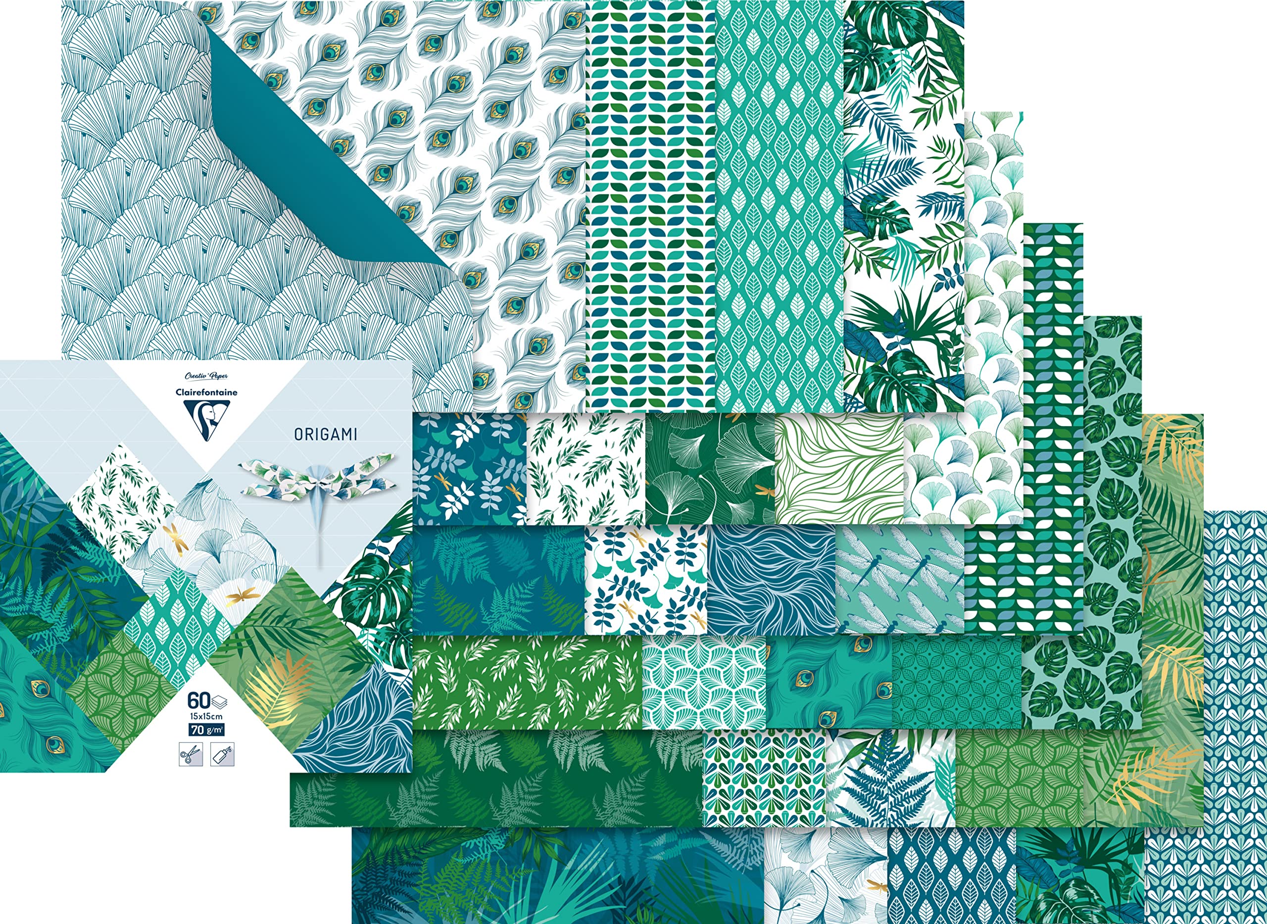ClairefontaineRef 95354C - Origami Paper (Pack of 60 Sheets) - 15 x 15cm in Size, 70gsm Paper, Printed Design on Front & Plain Backs - Floral Patterns