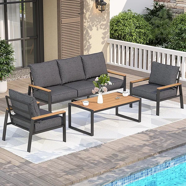 COMLAX FIELD Patio Furniture Set, 4 Pieces Outdoor Furniture Patio Conversation Set with High Back, Faux-Wood Armrest and Tabletop, Outdoor Couch Patio Sofa Set for Balcony, Porch, Backyard, Grey