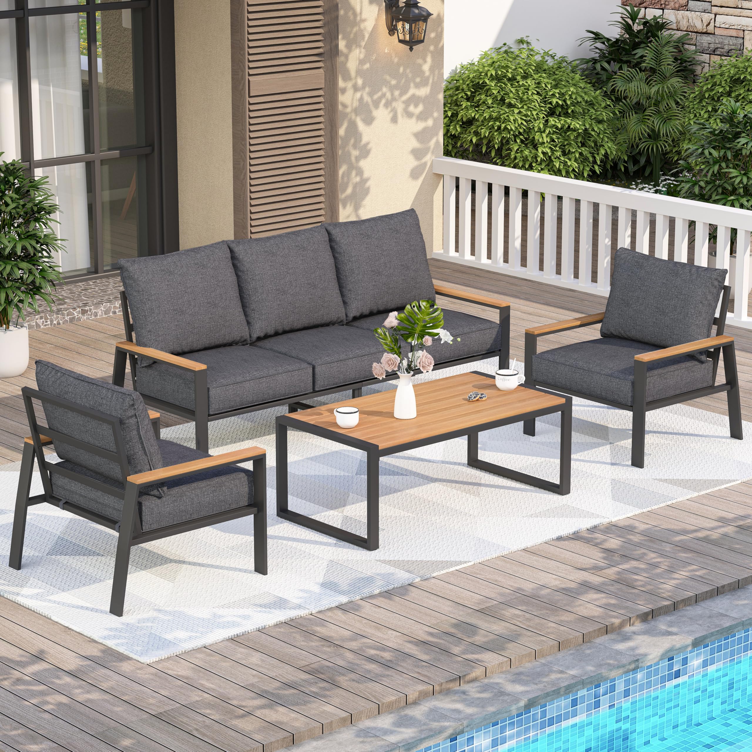 COMLAX FIELD Patio Furniture Set, 4 Pieces Outdoor Furniture Patio Conversation Set with High Back, Faux-Wood Armrest and Tabletop, Outdoor Couch
