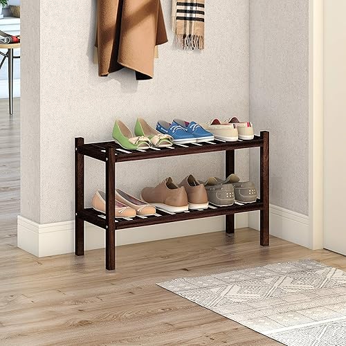 Miniatura 2 de INTERBUILD - Organizador de almacenamiento de zapatos de madera maciza de acacia de 2 niveles, apilable, color espresso
