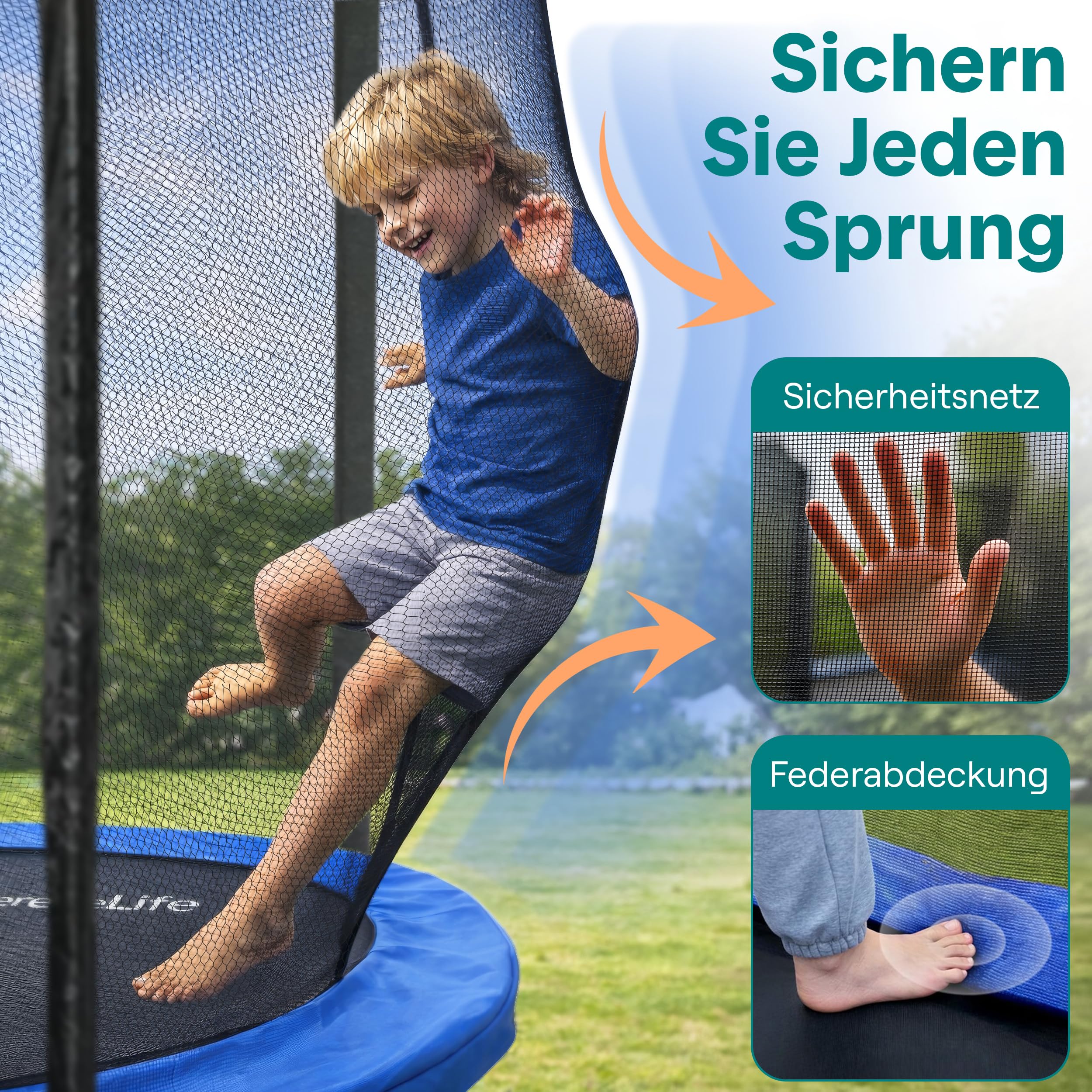 SereneLife Trampolin Outdoor Kinder – Ø 244/305/366 cm, ASTM-Zertifiziert Mit Sicherheitsnetz & Randabdeckung, wetterfestes Gartentrampolin, stabile L-Form Füße