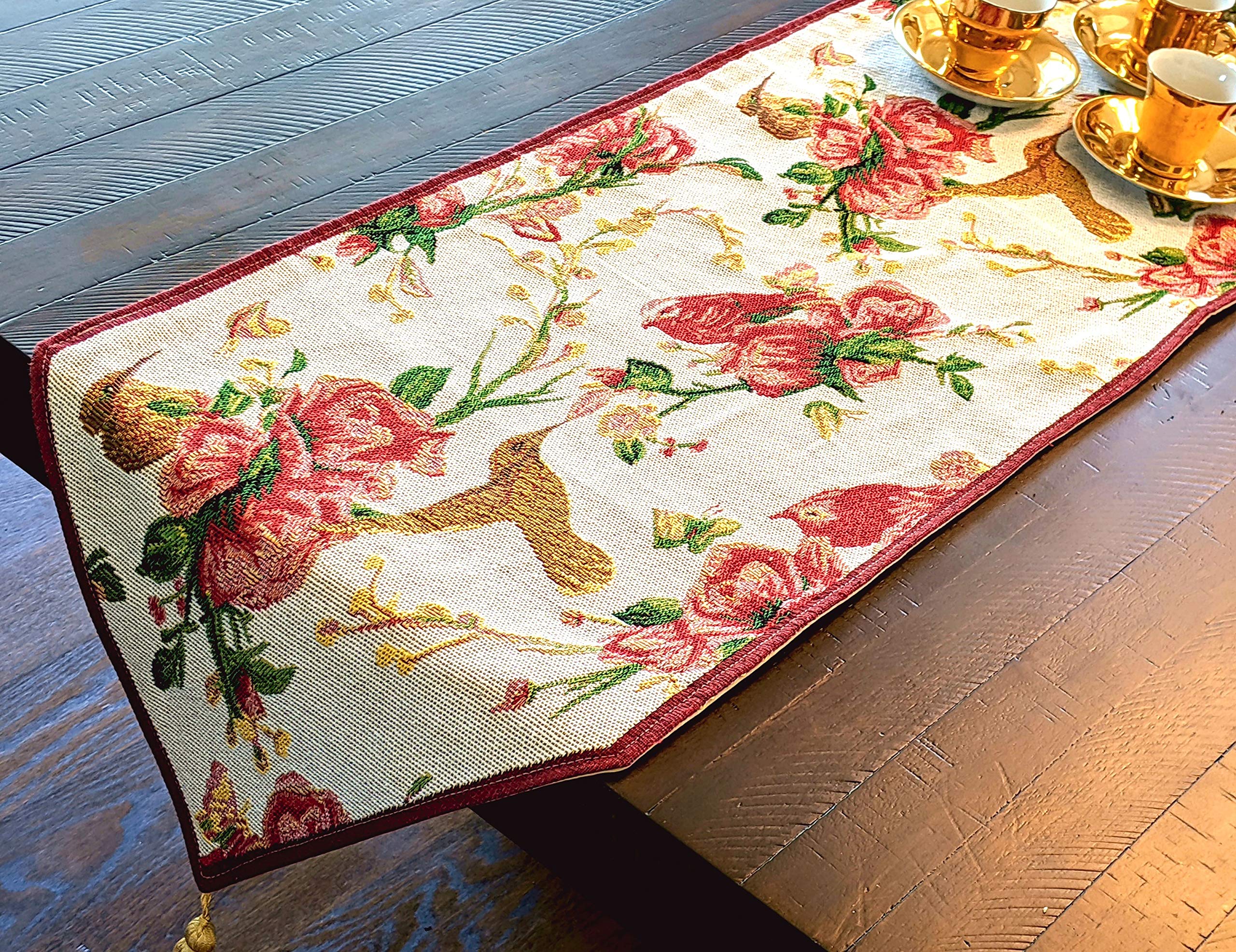 Amazon.co.jp: Tache 花柄 レッドローズ 鳥 アイボリー 織テーブル