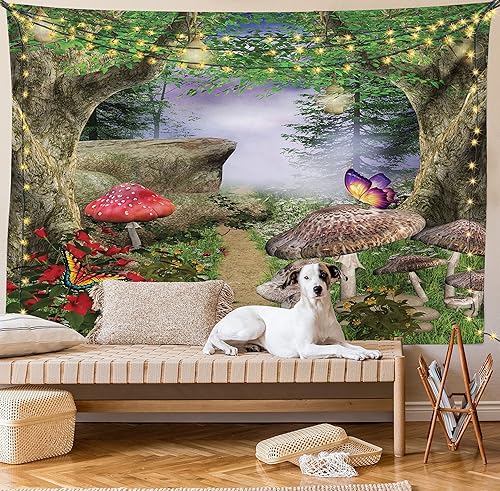 Miniatura 8 de Ambesonne Tapiz de hongos, camino de la naturaleza encantada, mariposas, paisaje, rocas, decoración para colgar en la pared para dormitorio, sala de