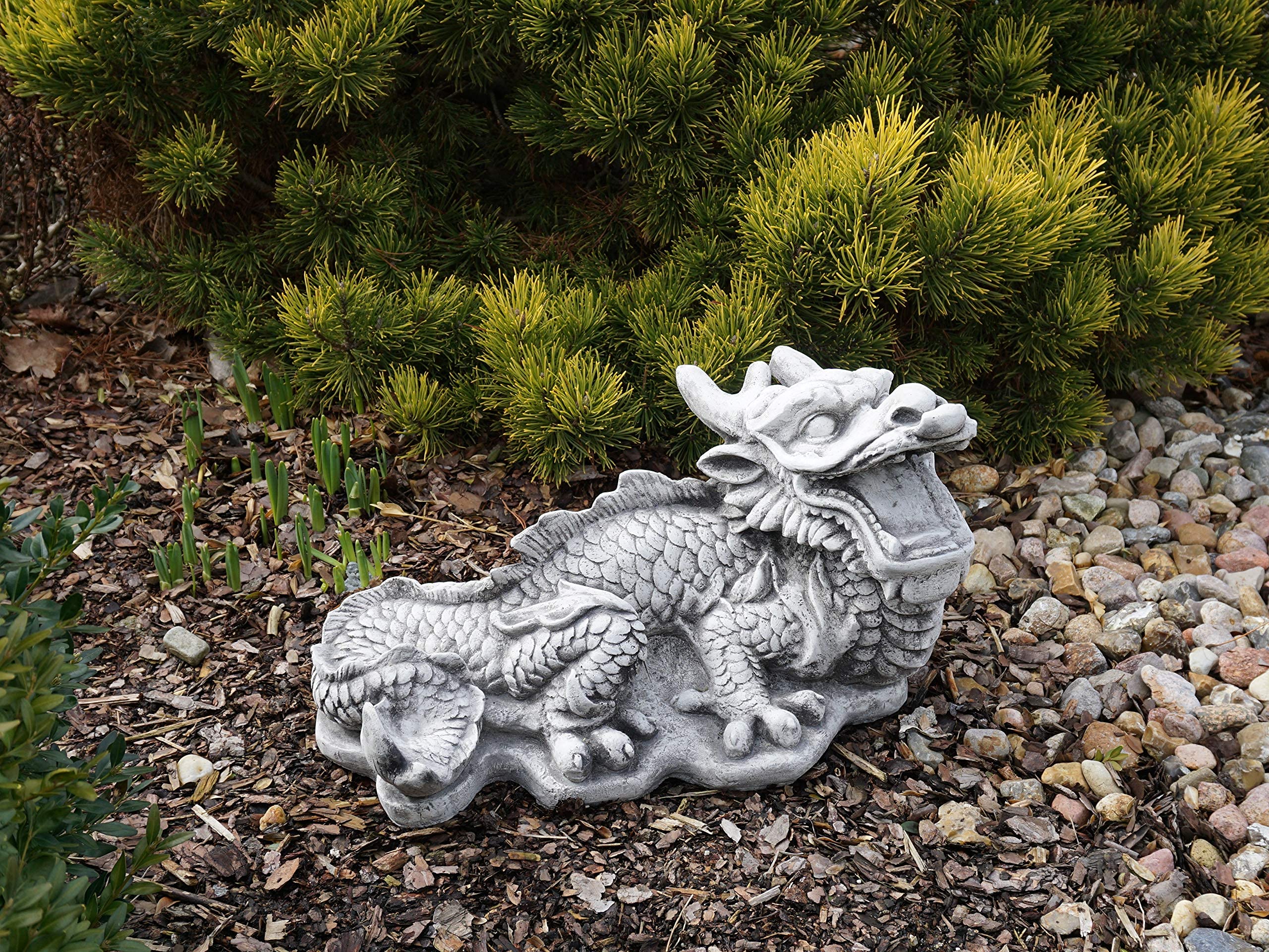 gartendekoparadies.de Chinesischer Drachen, Steinfigur, H. 28 cm, 15 kg, Grau, frostsicher aus Steinguss für Außenbereich