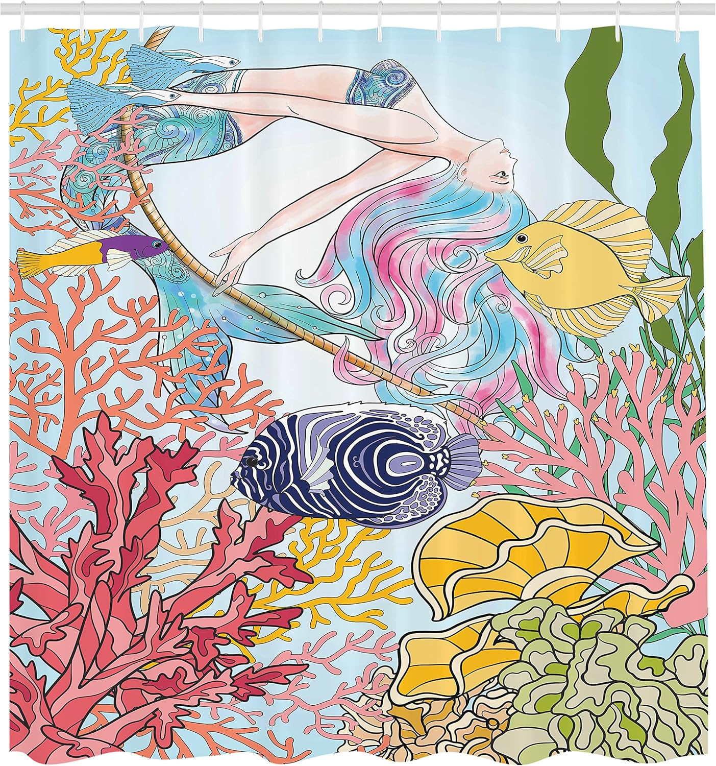Ambesonne Mermaid Shower Curtain, Hand Drawn Mermaid Creature Swinging Coral Reefs in Underwater World Art, Cloth Fabric Bathroom Decor Set with Hooks, 69" W x 75" L, Soft Blue Multicolor