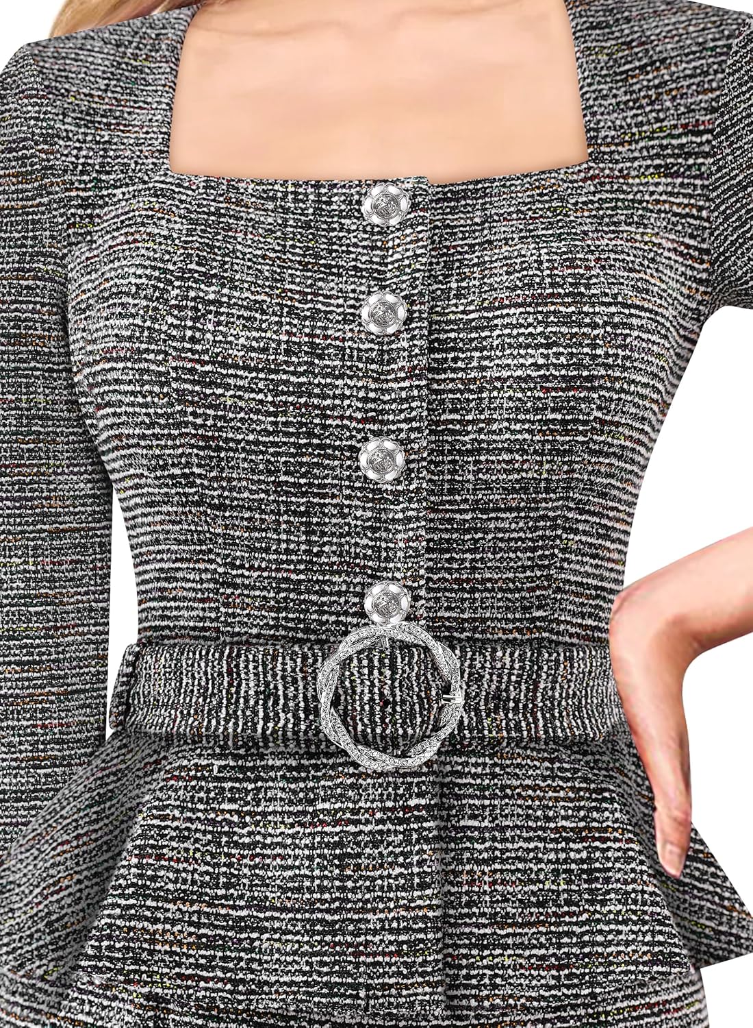 VFSHOW Womens Square Neck Peplum Buttons Belted Business Work Office Slim Pencil Sheath Dress