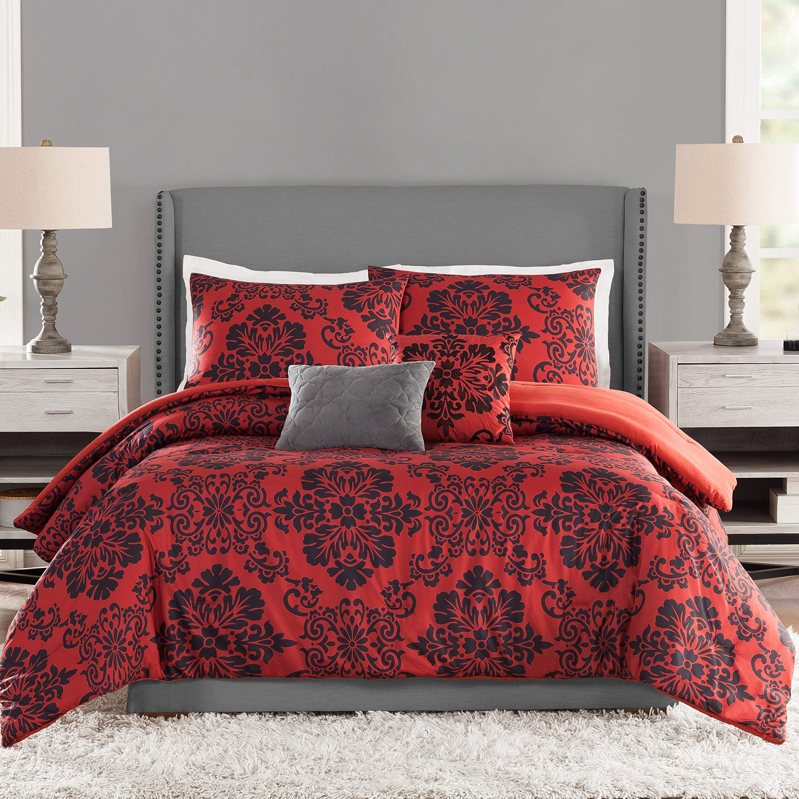 Presidio Square Damask Medallion 5-Piece Bedding Set, Comforter with 2 Pillow Shams and 2 Decorative Pillows, Full Queen Size, Red