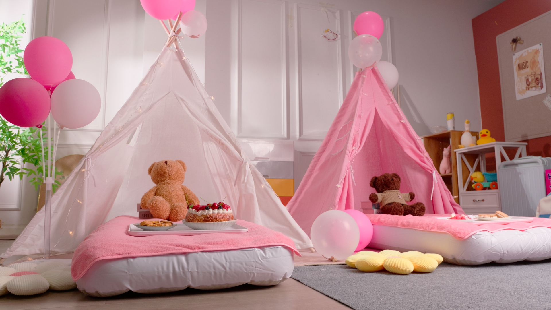 Windyun 4 Pack Kids Sleepover Teepee Tent Set Air Mattresses,Pink