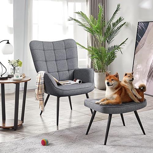 Miniatura 2 de Yaheetech Silla decorativa de tela con reposapiés, sillón y otomana con respaldo alto y patas de metal, sofá de gran tamaño y juego otomano para