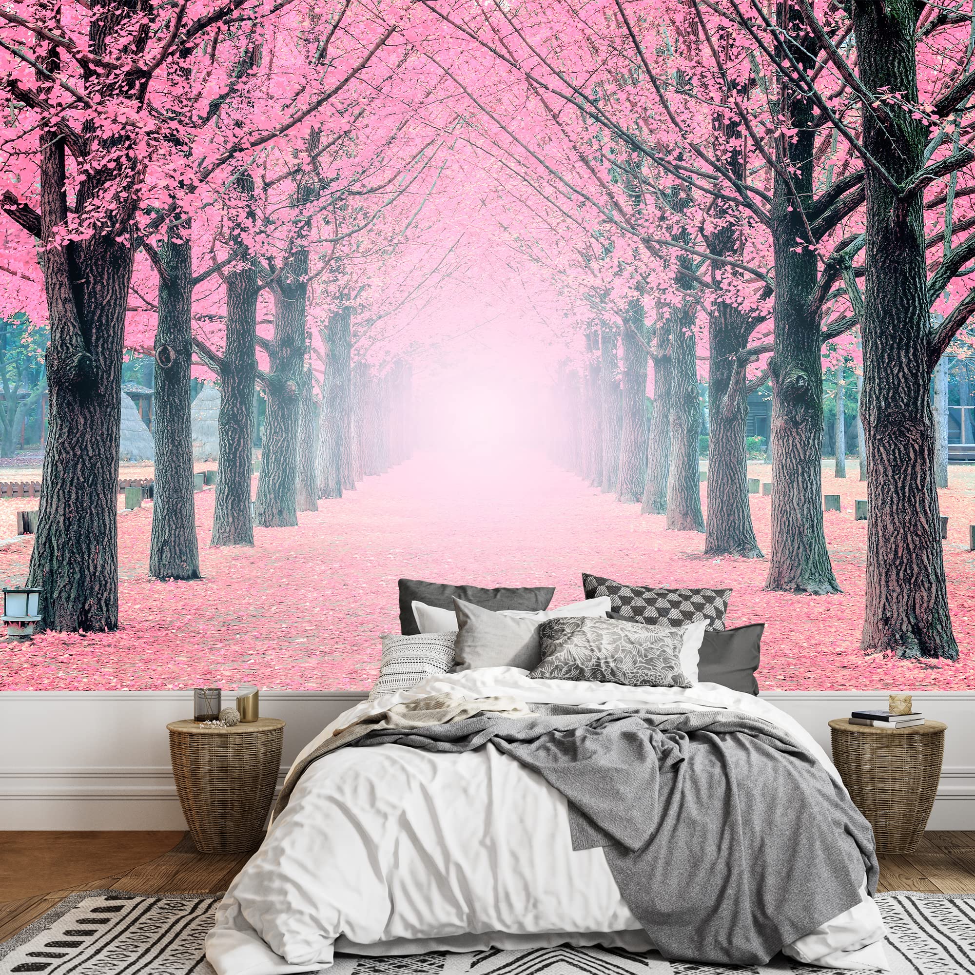 wall26 - Large Wall Mural - Lane of Pink Fallen Leaves with Trees by Each Side | Self-Adhesive Vinyl Wallpaper/Removable Modern Wall Decor - 100x144