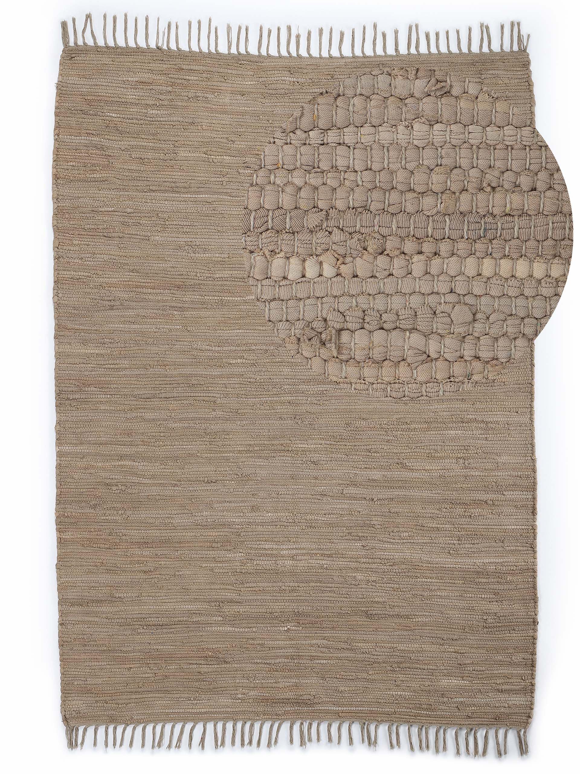carpetfine Flickenteppich Kelim Chindi Uni Taupe 70x140 cm, handgewebt | Fleckerlteppich aus Baumwolle für Wohnzimmermit Fransen