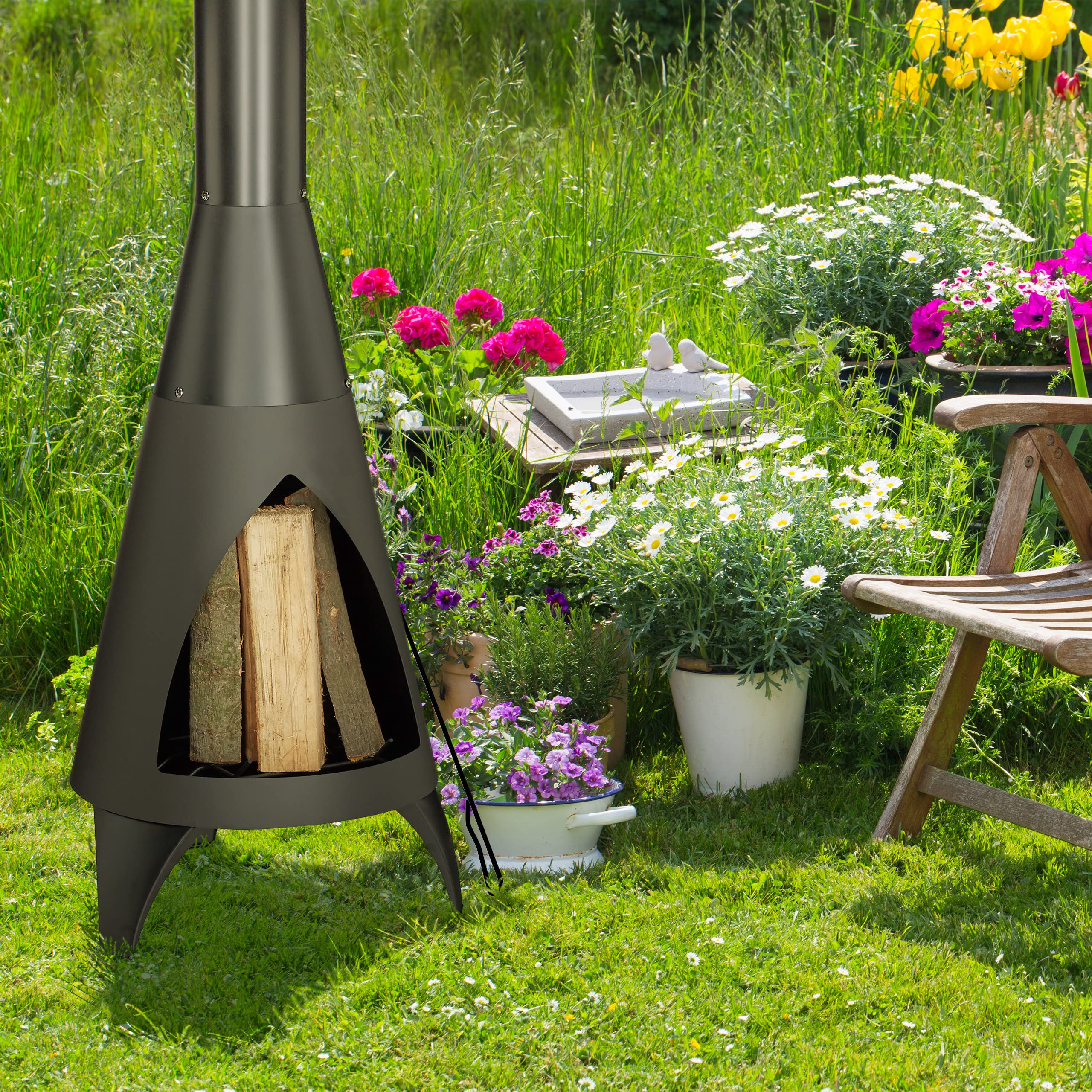 Relaxdays Terrassenofen, mit Schürhaken, Gartenkamin aus Stahl, Feuerofen für den Garten, HxBxT: 120x48x50 cm, schwarz
