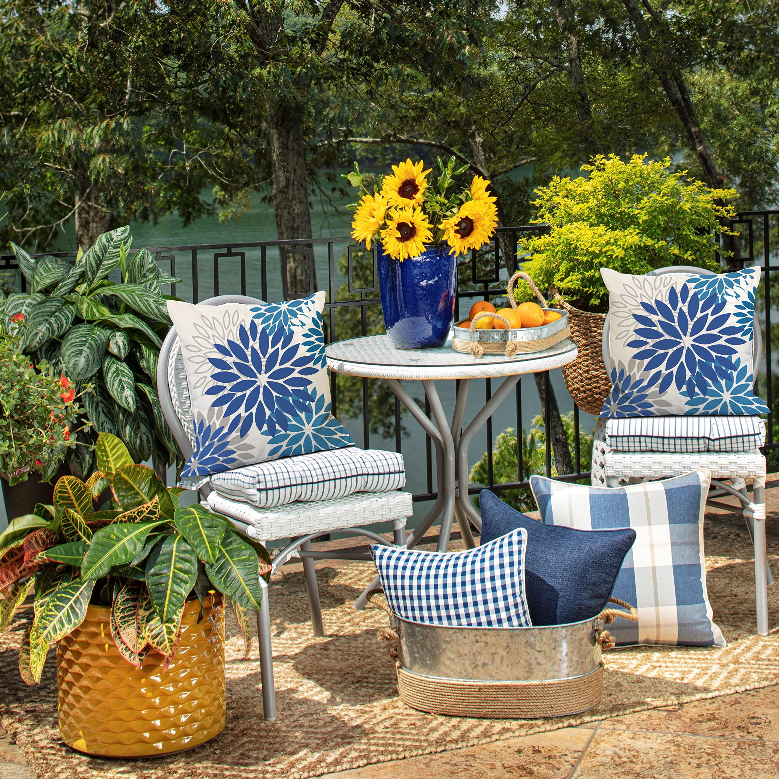 Lot De 2 Housses De Coussin Polyester Imperméable - 30,5x50,8 Cm - Motif Floral Bleu