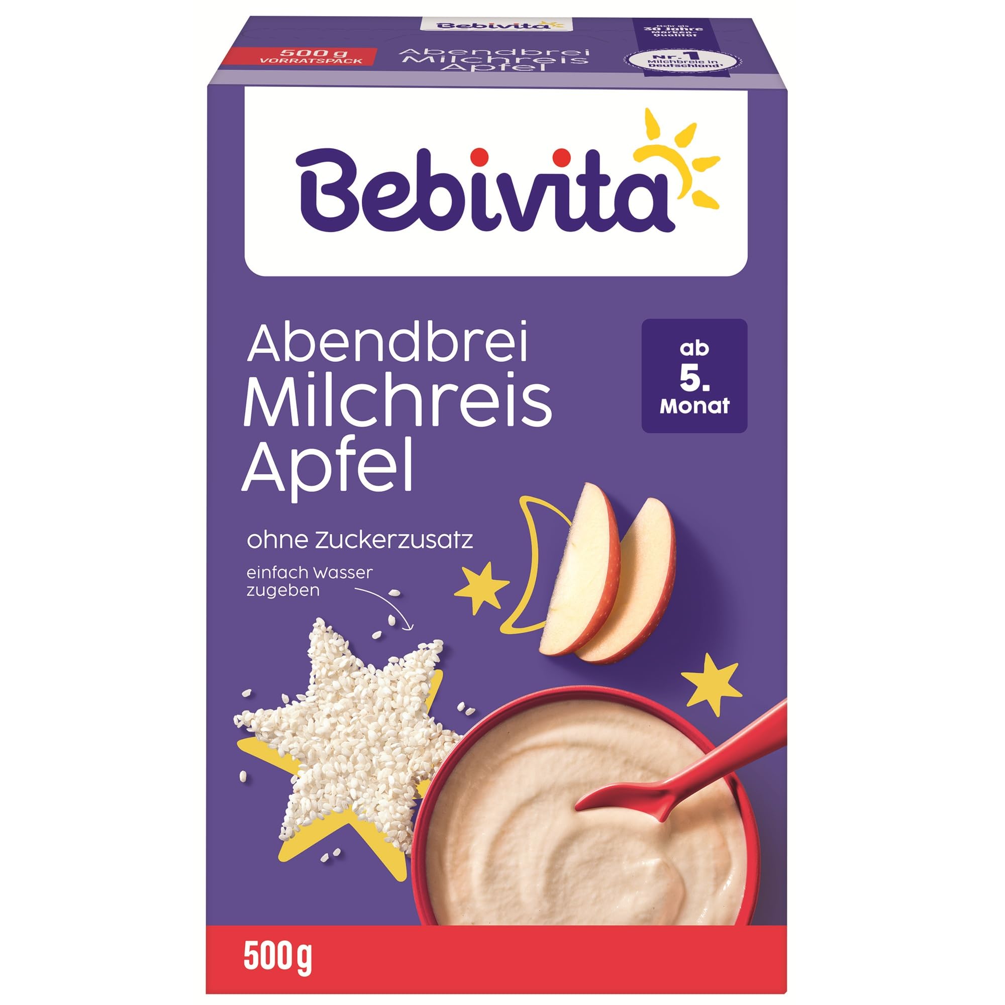 Bebivita Abendbrei Milchreis mit Apfel (4x500g), Milchbrei ab 5. Monat, mit wertvollen Mineralstoffen und Vitaminen, ohne Zuckerzusatz, gut sättigend