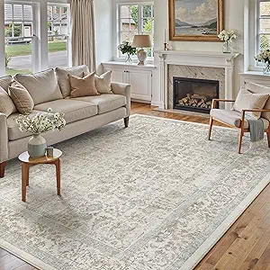 Taupe Area Rug 6x9 Machine Washable Vintage Living Room Distressed Non Slip Carpet Traditional Indoor Bedroom Retro Floral Accent Throw Large Rug for Office Kitchen Dining Room