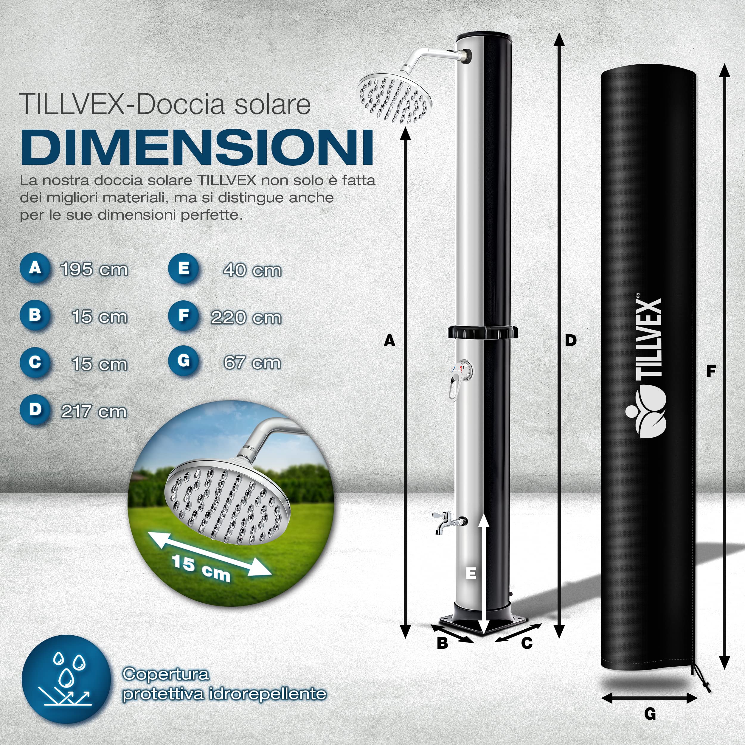 tillvex Doccia Solare da Giardino 20 Litri - Custodia Protettiva Inclusa, con Rubinetto e soffione a Pioggia, Collegamento per Tubo da Giardino
