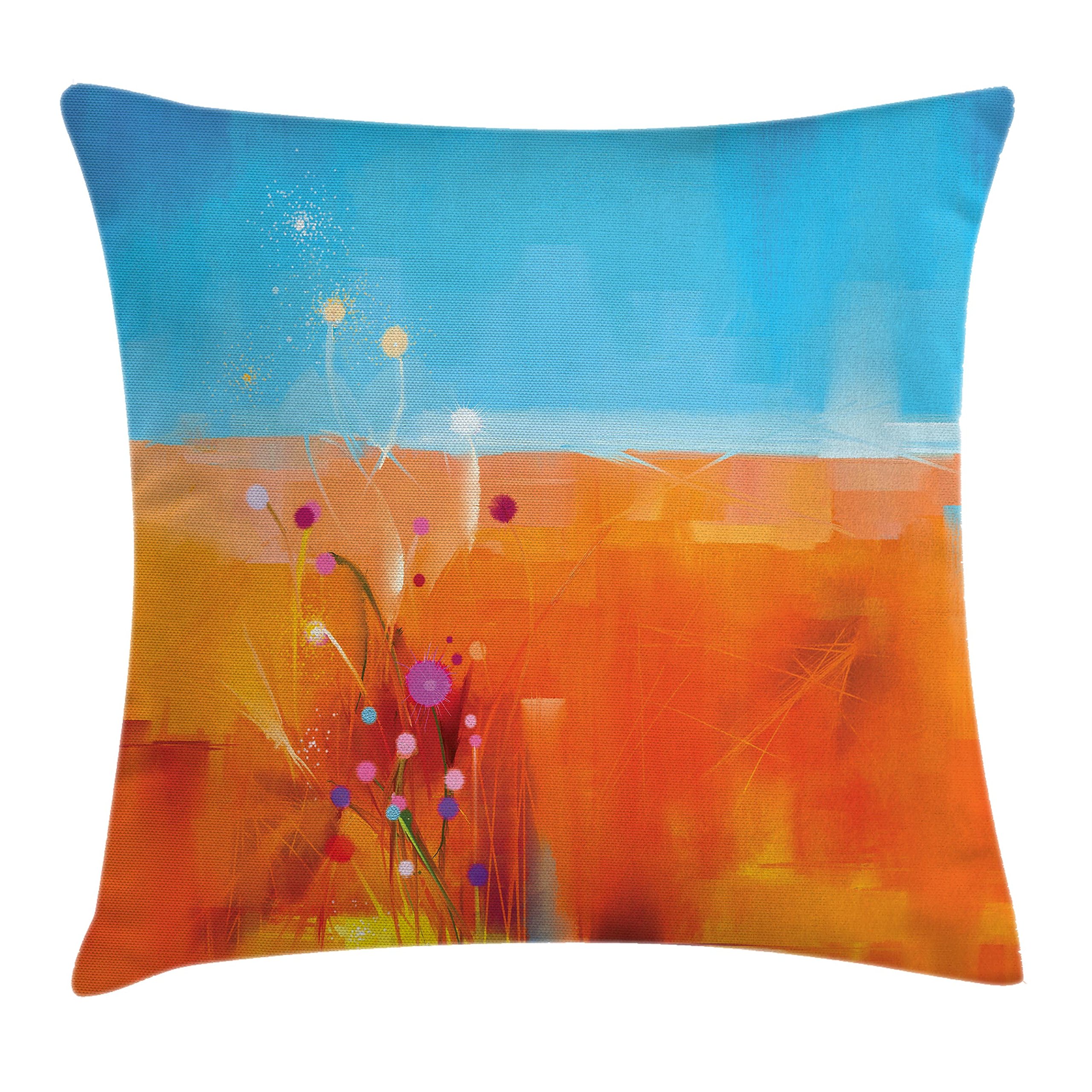 Ambesonne Flower Throw Pillow Cushion Cover, Abstract Meadows Under Blue Sky Nature Themed Artwork Beauty Floral Illustration, Decorative Square Accent Pillow Case, 16" X 16", Orange Purple