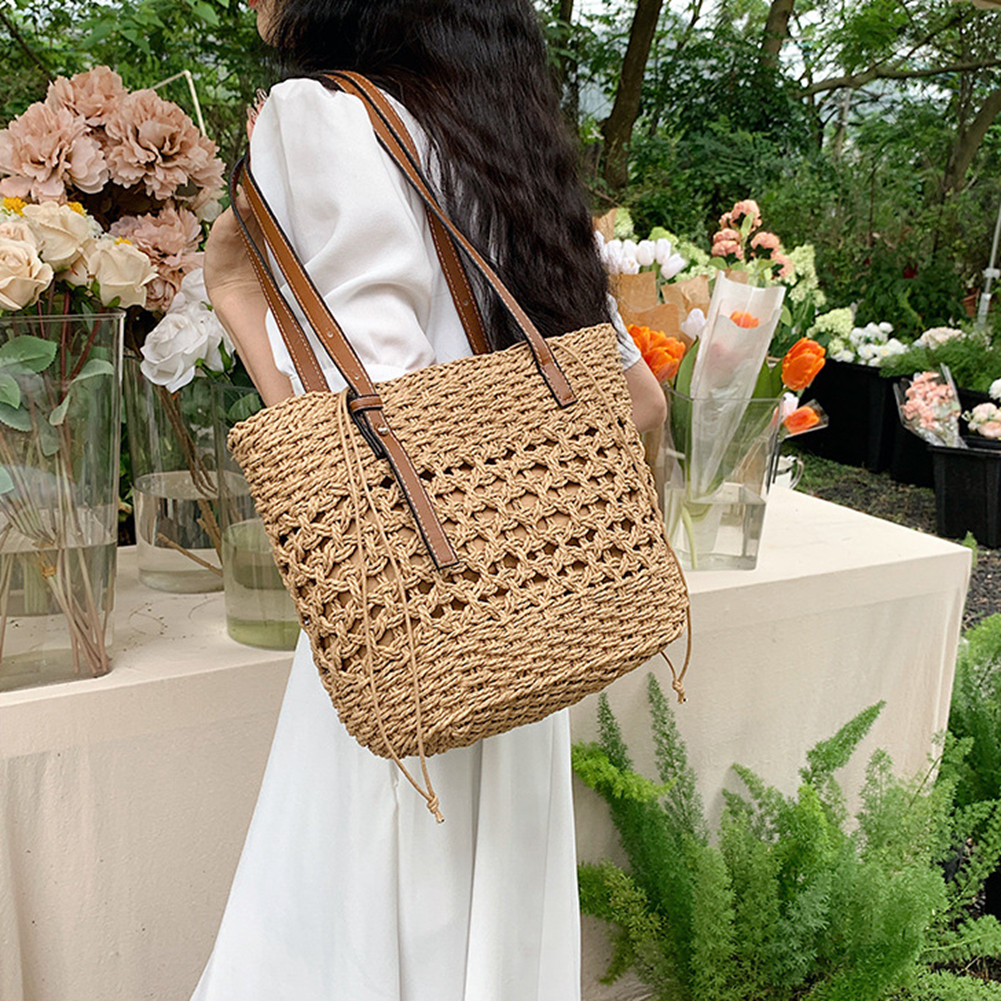 Bolso tote bohemio de paja tejido a mano con correa ajustable miniatura 7