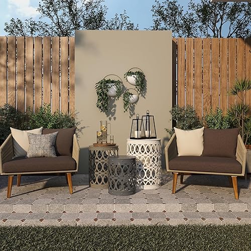 Miniatura 8 de Deco 79 Mesa auxiliar de metal para interiores y exteriores, con diseño de enrejado tallado, juego de 3 mesas auxiliares de 23 pulgadas, 19