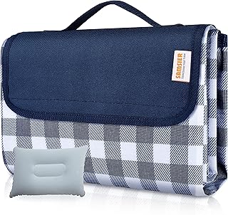 Outdoor Picnic Blankets Waterproof Foldable with Pillow&comma; Large Beach Blanket Sandproof&comma; Gingham Picnic Mat Cute Washable Portable 60"×80" &lpar;Navy Blue - 2 Layers&comma; 1 Pack&rpar;