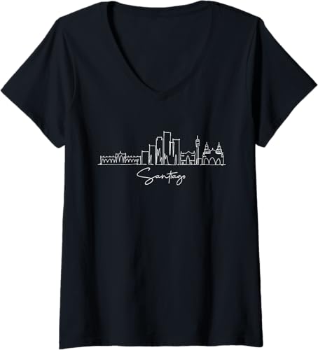 Camiseta con cuello en V City Skyline Santiago Chile para mujer Negro -