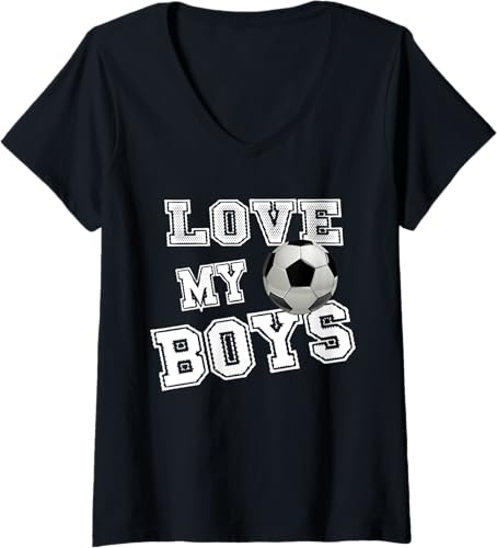 Womens Retro I Love My Boys Soccer Gifts for Moms-Futbol Soccer Mom V-Neck T-Shirt Black,Navy Blue,Baby Blue,Red,Dark Green,Dark Heather