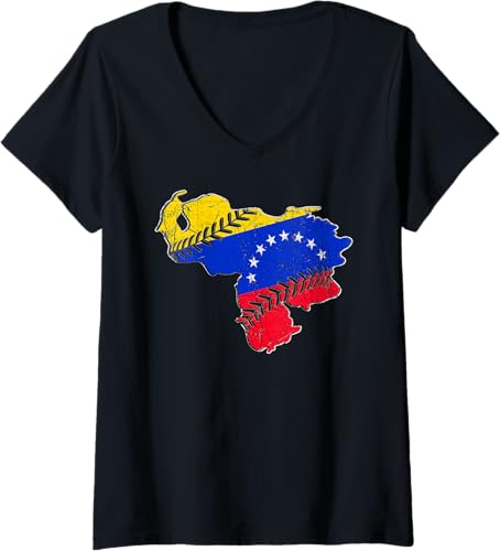 Womens Venezuela Flag Baseball Laces Country Map Outline Distressed V-Neck T-Shirt Black,Heather Grey