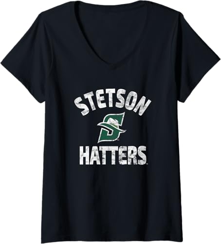 Camiseta grande con cuello en V Stetson University Hatters para mujer, Negro - Negro,Jaspeado Oscuro