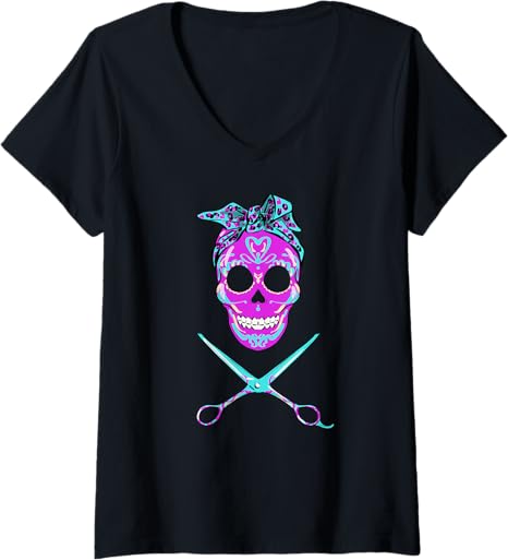 Womens Vintage Sugar Skull Hair Stylist Funny hairstylist V-Neck T-Shirt