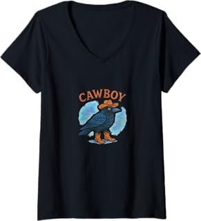 Womens Cawboy Caw Caw Cowboy Brow Illustration V-Neck T-Shirt