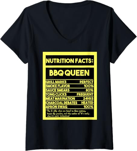 Información nutricional de Womens BBQ Queen Camiseta con cuello en V de The Ultimate Grill Mistress's, Negro -