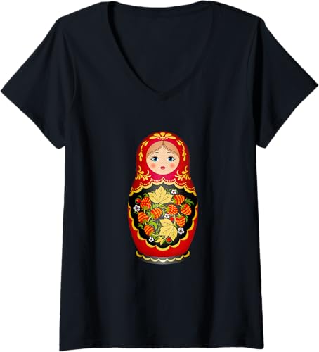 Hermosa camiseta de Matryoshka Russian Strawberry Nesting Doll con cuello en V para mujer, Negro, S Negro,Azul Marino,Azul Pastel,Rojo,Verde
