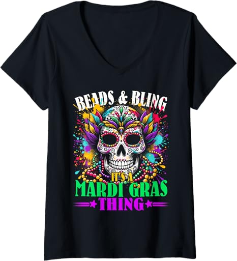 Colorful Sugar Skull Beads Mask Mardi Gras Tee