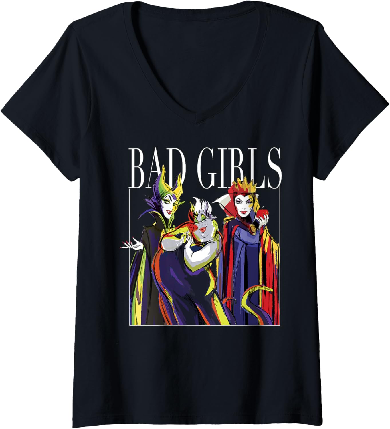 Disney Villains Bad Girls Group Shot Painted V-Neck T-Shirt, Black