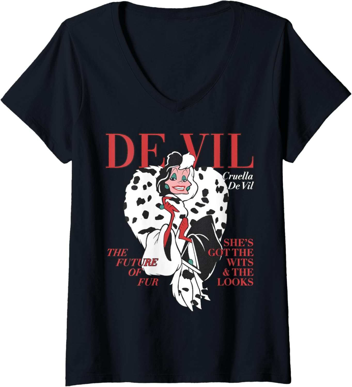 Disney Villains Cruella De Vil Magazine Cover V-Neck T-Shirt, Black