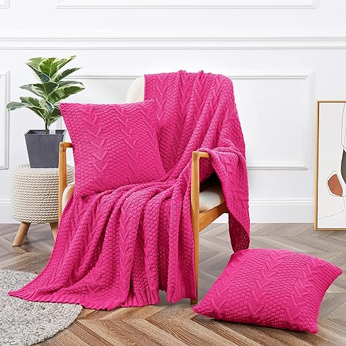Aormenzy Tejido (50 x 60 pulgadas) y 2 fundas de almohada (18 x 18 pulgadas), juego de 3 mantas de color rosa intenso, mantas decorativas para sofá,
