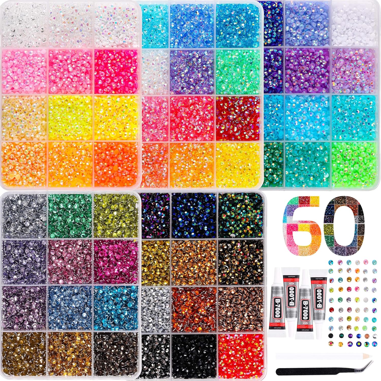 37500Pcs Bedazzling Kit for 60 Colors Rhinestones with 5 Box Diamond Art, 3mm Flatback Gems with 4×10ml B7000 Jewelry Glue Tweezers & Pickup Pen, Perfect for Nail Art, Crafting, Clothing
