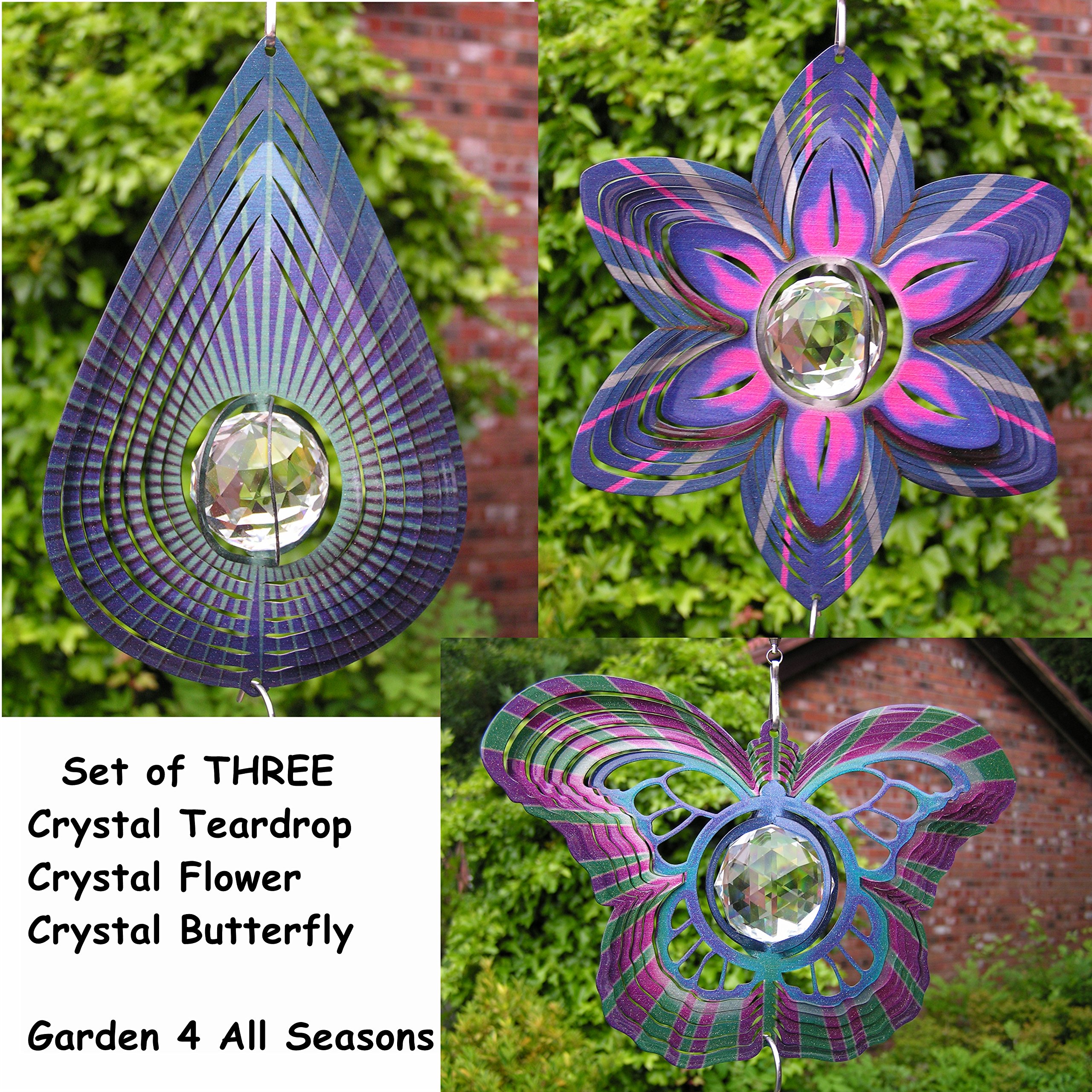 SET of 3 (THREE) x Iron Stop 7.5"/19cm Crystal Wind Spinners + Hooks - Sun Catcher/Twister -Garden or Indoor- GIFT BOXED - 1 of Each, Flower, Butterfly, Indigo Teardrop
