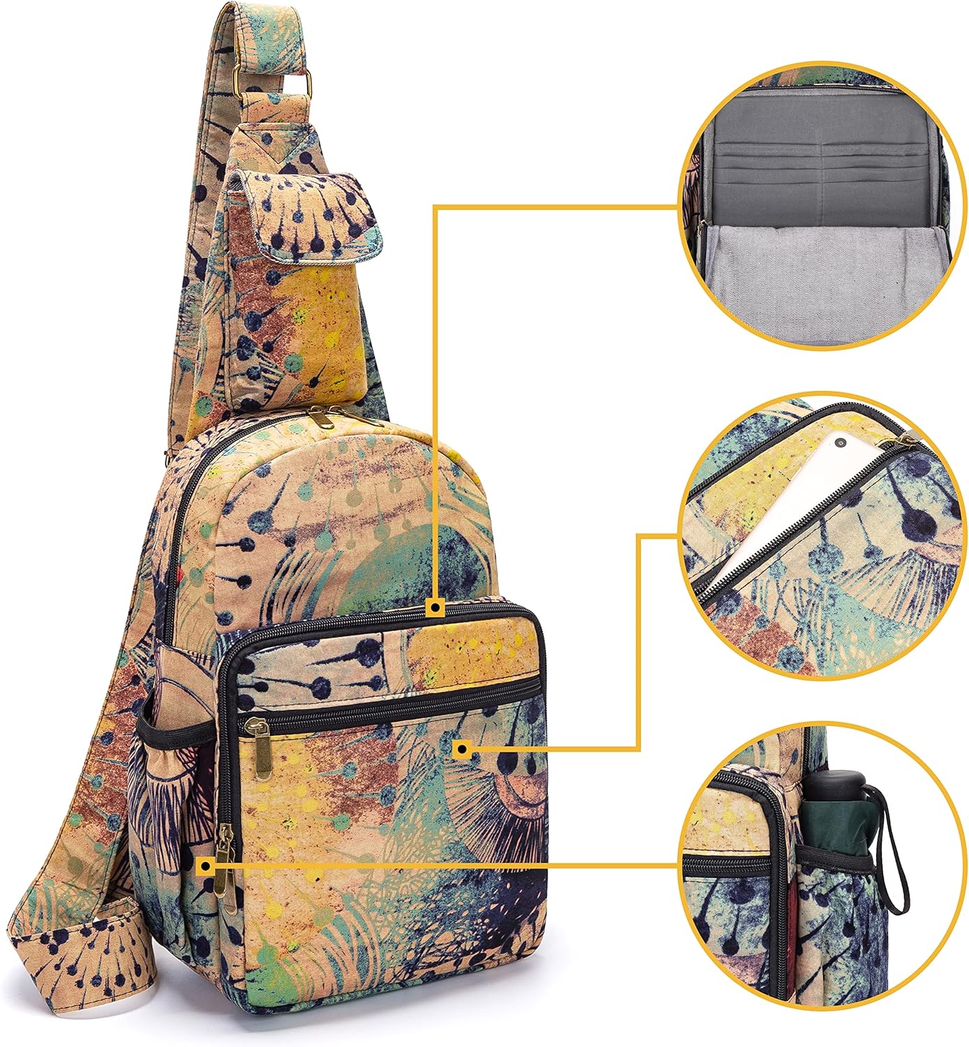 Coton Pose Women sling bag Elephant canvas large boho backpacks bohemian Crossbody Bag (purple yellow) - Image 4