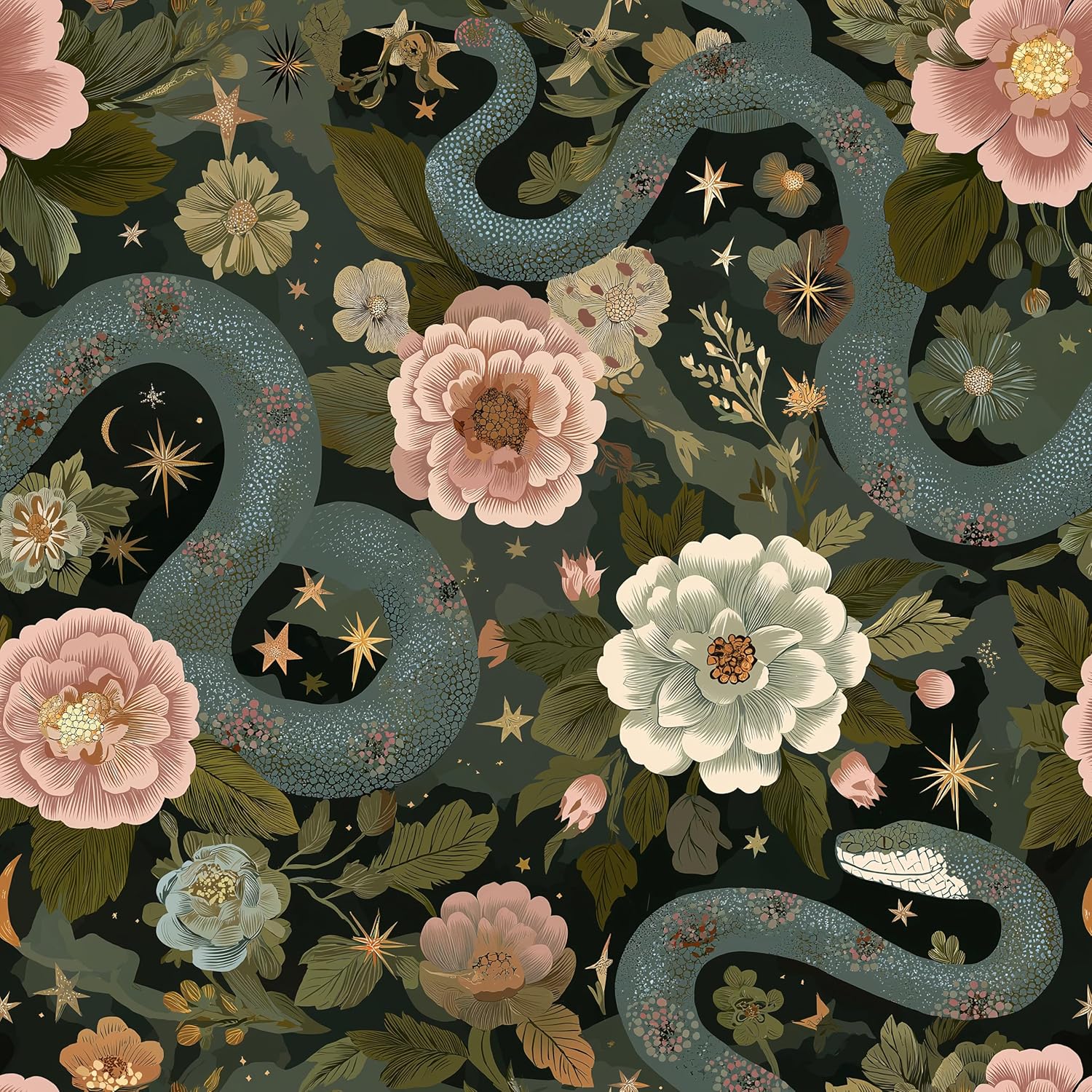 Snake and Flower Removable Self-Adhesive Wallpaper for Bedroom & Living Room Decor 17.7×236 Inch,Waterproof Wall Covering for Accent Walls, Apartment, Nursery