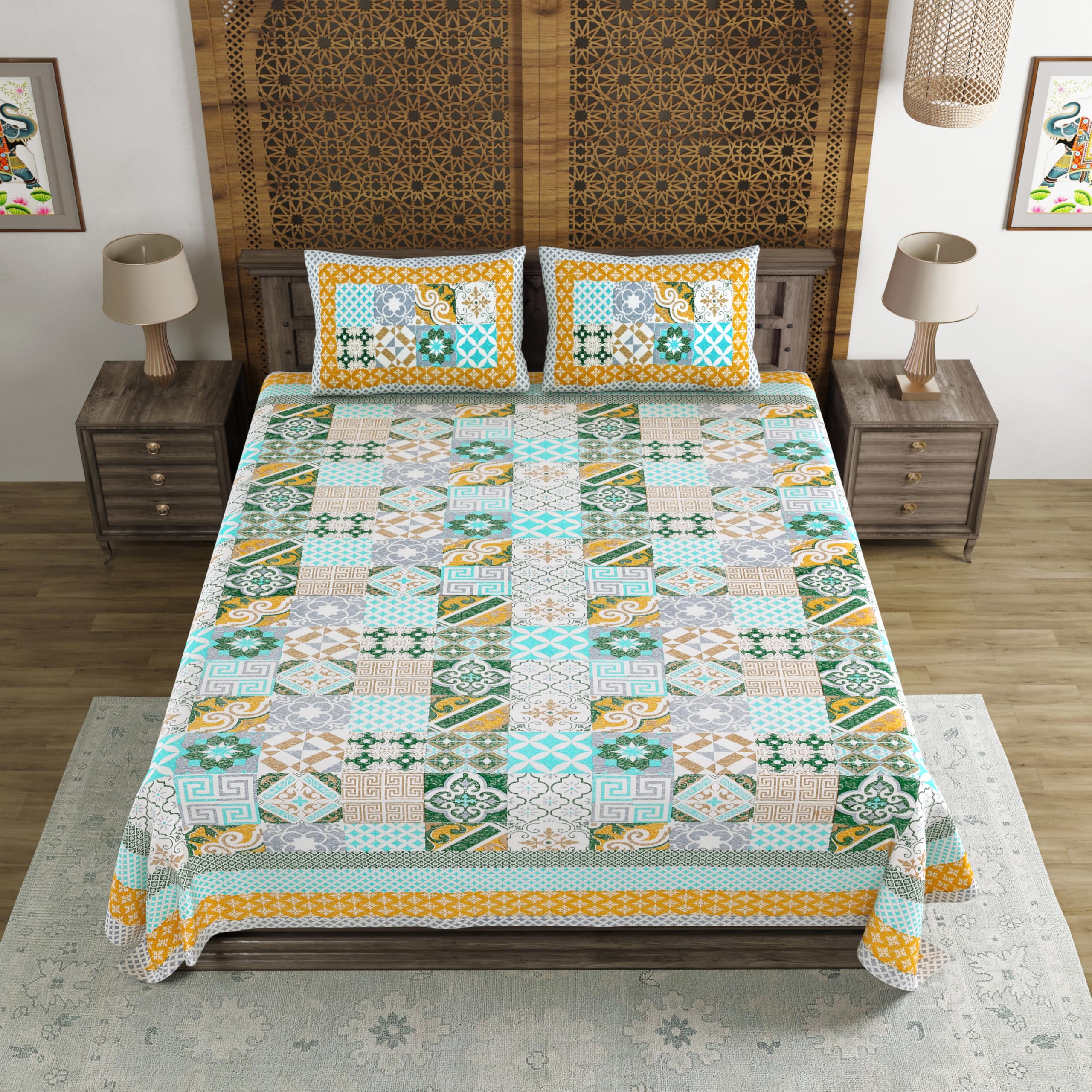 BLOCKS OF INDIA Hand Block Print Cotton King Size Bedsheet (Green CHOKDI) 1