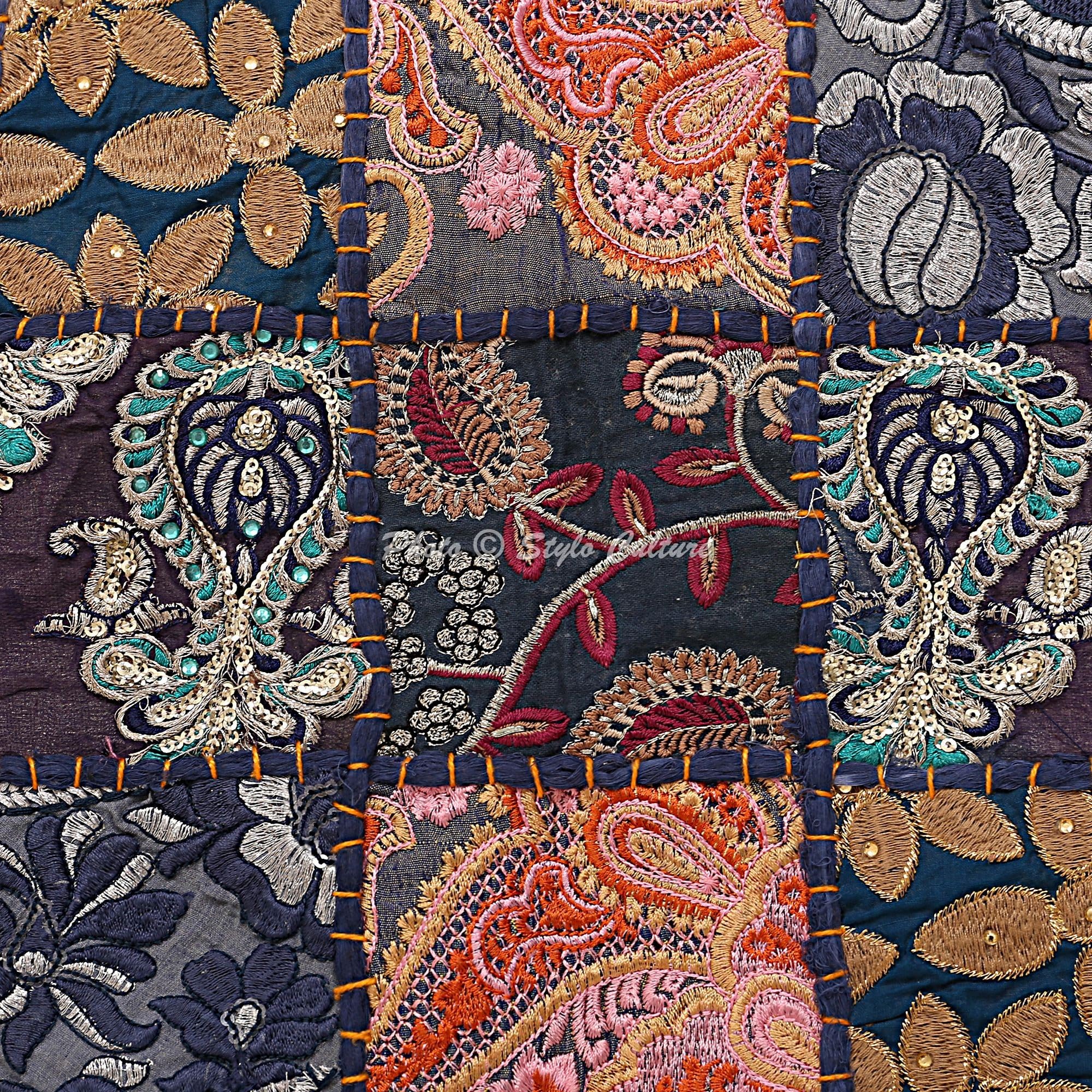 Indische Dekorativ Baumwolle Couch Kissenbezüge 43x43 cm Dunkelblau Dekokissen Gesticktes Patchwork Schlafzimmer Sofa Kissen Bezüge Blumen Quadrat Kissenhullen - 4 STK.